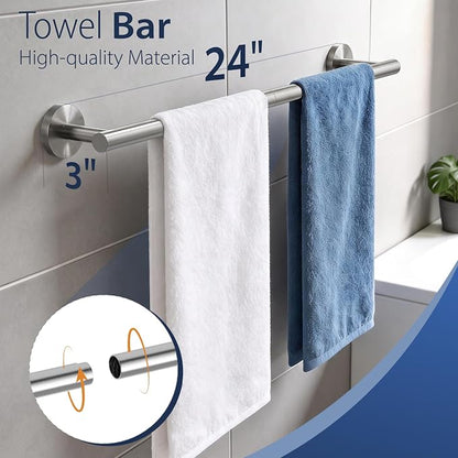 5-Piece Brushed Nickel Bathroom Towel Bar Set,24" Bathroom Hardware Kit | Total 26 Inch Towel Racks for Bathroom Wall Mounted,SUS304 Stainless Steel Towel Bar for Bathroom, Kitchen, Laundry