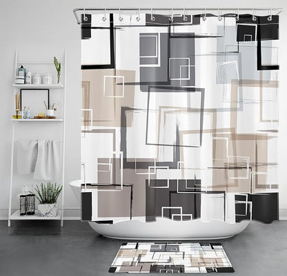 Tan Abstract Geometric Shower Curtain Sets with Rugs, Grey Black and White Geometric Textured Bathroom Curtain 70L X 70W Inches Polyester Fabric Bathroom Decoration Shower Curtain Set