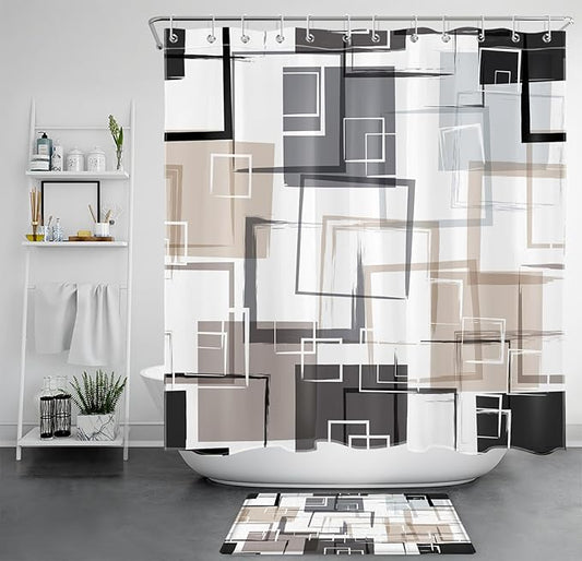 Tan Abstract Geometric Shower Curtain Sets with Rugs, Grey Black and White Geometric Textured Bathroom Curtain 70L X 70W Inches Polyester Fabric Bathroom Decoration Shower Curtain Set
