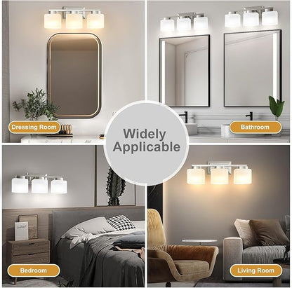 3-Light Bathroom Light Fixtures - Brushed Nickel Bathroom Vanity Lights with Glass Shade Modern Bathroom Lighting Fixtures Over Mirror - Wall Sconce Lamps for Bedroom,Living Room,Hallway