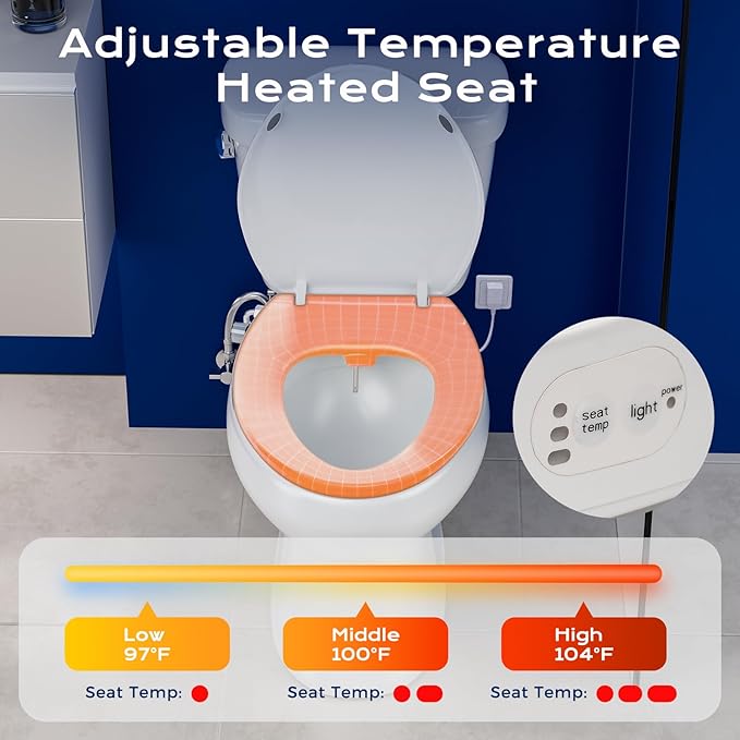 Elongated Heated Toilet Seat with Night Light, Three Temperature Settings Heated Seat,70 in Power Cord, Fit Elongated Toilet, Cold Water Bidet Function Toilet Seat With Slow Close