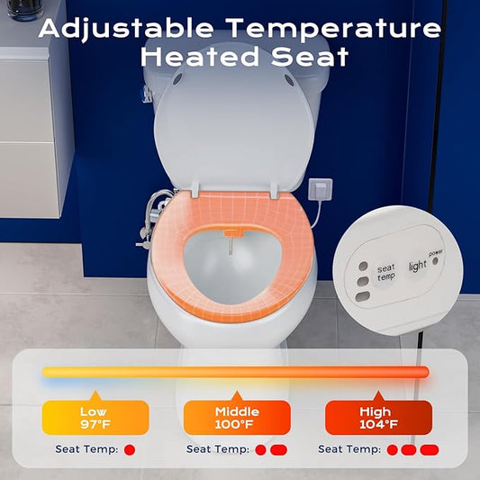 Elongated Heated Toilet Seat with Night Light, Three Temperature Settings Heated Seat,70 in Power Cord, Fit Elongated Toilet, Cold Water Bidet Function Toilet Seat With Slow Close