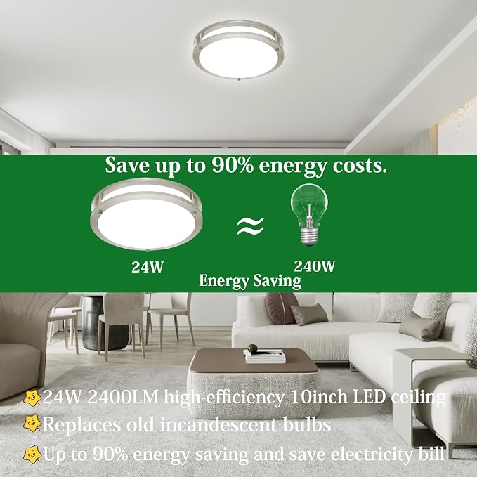 10inch LED Flush Mount Ceiling Light Fixture Dimmable Brushed Nickel, Easy Install LED Ceiling Lamp Fixture Without Flicker, Super Bright 24W 2400LM 5000K 2-Pack