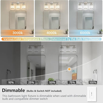 3 Light Bathroom Light Fixtures, Modern Crystal Vanity Lights over Mirror | Metal Frame, Bathroom Light with Square Crystal Shade, ETL Certified, E26 Ceramic Socket, Bulbs Not Included