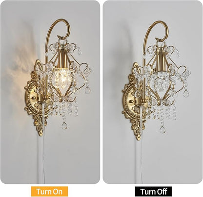 Plug in Cord Gold Crystal Vintage Indoor Wall Sconces Light Set of 2 | Modern Wall Mounted Lamp Light Fixture for Bedroom Living Room Bathroom Vanity Light Hallway Light Fixture Decor LED E12
