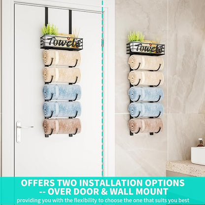 HapiRm Towel Racks for Bathroom Storage - 6 Tier Over The Door & Wall Mount Rolled Towel Storage Organizer Holder with Metal Shelf Basket for Small Bathroom, Camper, Rv - Black, Patented