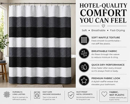 Dainty Home Ombre Waffle Weave Shower Curtain 70 x 72 Black Textured Fabric Shower Curtain, Hotel Style Waffle Weave Bathroom Curtain, Water Resistant Polyester Ombre Shower Curtain