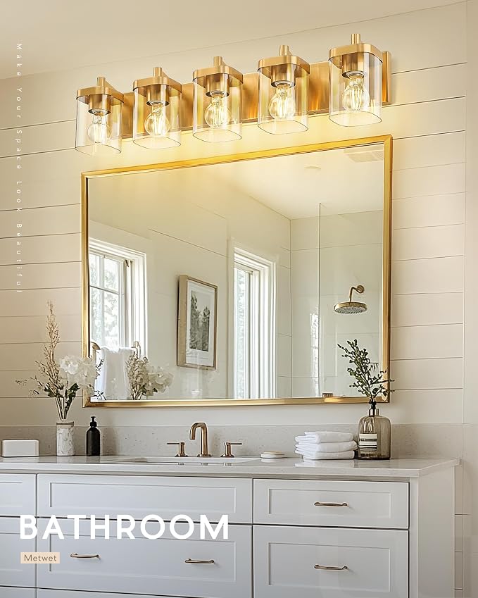 5-Light Brushed Gold Bathroom Vanity Light, Square Clear Glass Shade | Ideal for 34-46" mirrors, 30.5" modern bathroom light fixtures over mirror, E26 base, bulbs not included, VL194-BG-5