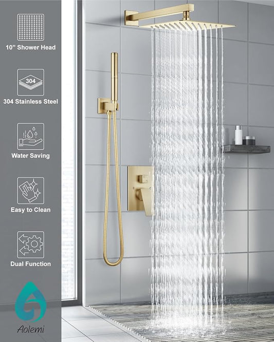 Aolemi Shower System with Rain Head and Handheld,10-Inch,Brushed Gold | High-Pressure Shower Faucet Set with Dual-Function Handheld,Rough-In Valve,1.8 GPM,Wall-Mount Trim Kit