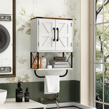 RUSTOWN Farmhouse Medicine Cabinet with 2 Barn Door, Bathroom Wall Cabinet | Dark Brown Top, Adjustable Shelf, Towel Bar, 3-Tier Rustic Wood Wall Mounted Cabinet for Bathroom, Living Room, Kitchen
