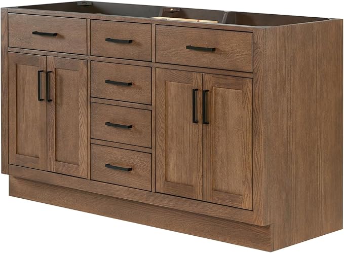 ARIEL Hepburn 60-inch Bathroom Vanity with Sink,Solid Wood, 1.5-inch Carbon Black Quartz Countertop, Double Rectangular Porcelain Sink, Soft Closing Doors, Dovetail Drawers, Brown Oak