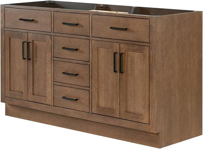 ARIEL Hepburn 60-inch Bathroom Vanity with Sink,Solid Wood, 1.5-inch Carbon Black Quartz Countertop, Double Rectangular Porcelain Sink, Soft Closing Doors, Dovetail Drawers, Brown Oak