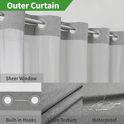 eachope No Hook Linen Texture Shower Curtain with Snap-in Liner,54x80 Grey | 230GSM Thick Fabric,Hotel Luxury Decor,Mesh Top Window,Waterproof & Machine Washable,for Shower Stall or Bathroom