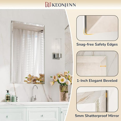 Keonjinn Frameless Bathroom Mirror 24" x 32", Rectangle Mirrors for Wall | Bathroom Vanity Mirror with Beveled Edge, Safety 5mm Temepered Glass, Shatterproof, Modern Decorative for Wall, Living Room