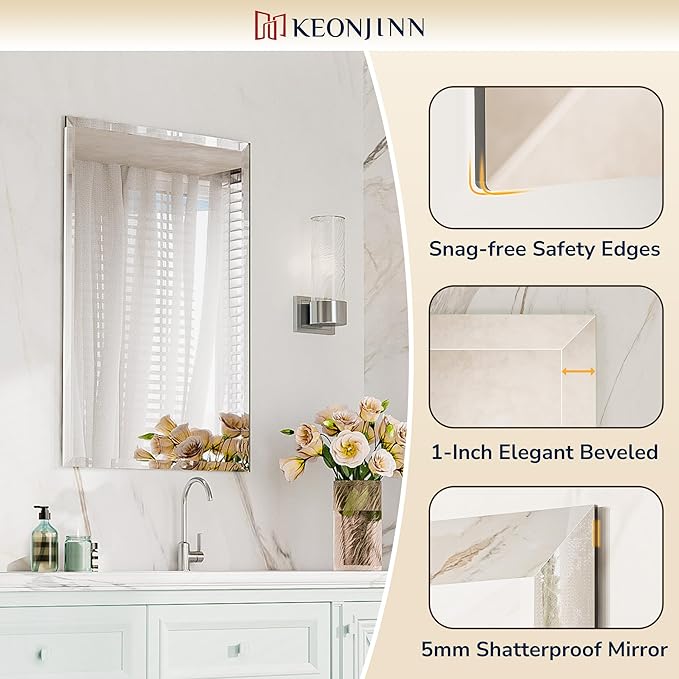 Keonjinn Beveled Bathroom Mirror 48” x 36“, Rectangle Mirrors for Bathroom Sink, Large Wall Mirror,Shatterproof, Modern Decorative for Living Room, Entryway, Bedroom, Horizontal/Vertical