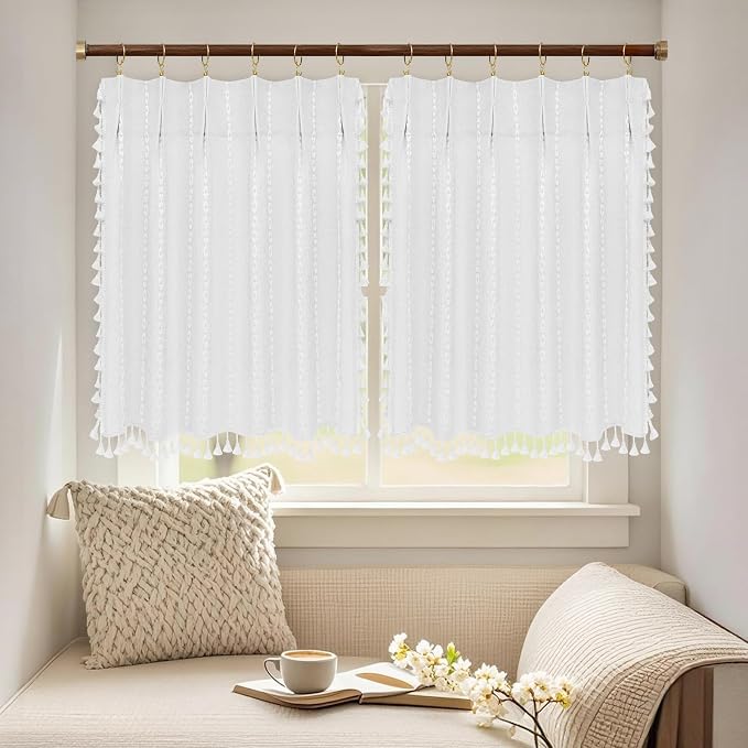 Seenus Boho Farmhouse Window Curtain with Tassels, 30 x 24 Inch Light Filtering Sheer Short Cafe Window Curtain Tier, White Linen Textured Pleated Small Window Drape for Kitchen or Bathroom, 1 Panel
