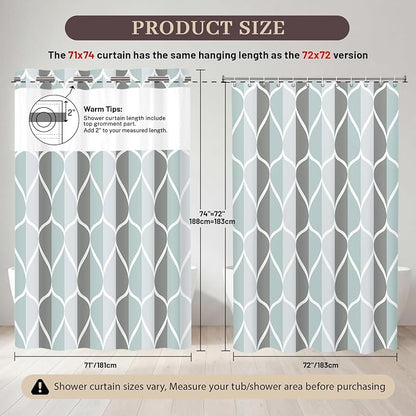 Gelbchu Gray No Hook Shower Curtain with Snap-in Liner, 71 x 74 Inch | Built-In Hooks, Mesh Top Window, Water-Repellent, Machine Washable, Quick Drying, Premium Polyester, Hotel Style, Modern