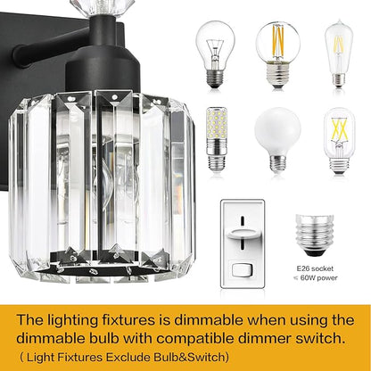PRESDE Crystal 3 Light Bathroom Vanity Lights Modern Matte Black Bathroom Lights Fixtures Over Mirror Wall Lamp for Bath Bedroom Hallway