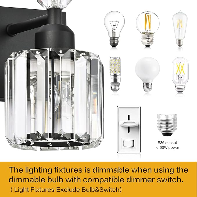 PRESDE Crystal 4- Light Vanity Light for Bathroom，Modern Matte Black Bathroom Lights Fixtures Over Mirror Wall Sconce