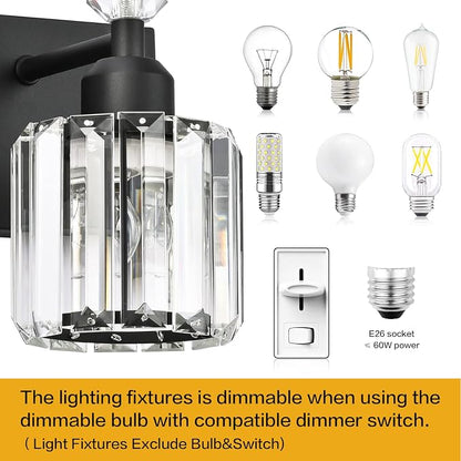 PRESDE 1-Light Bathroom Vanity Light, Modern Matte Black Wall Sconce with Crystal Shade, Single Wall Lamp for Over Mirror Bedroom Hallway