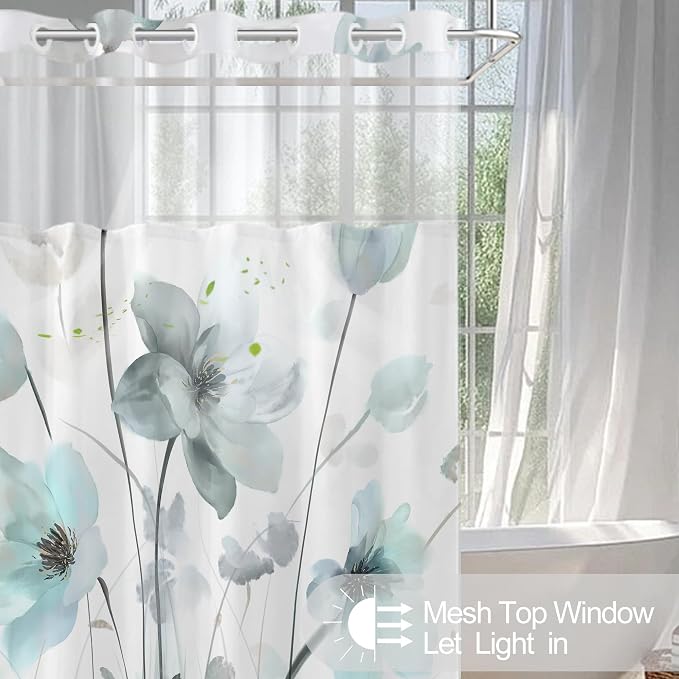 No Hook Shower Curtain and Liner Set, Teal Blue Boho Floral 71x84 | Watercolor Boho Flower, with Snap in Liner, Mesh Top Window, Waterproof, Machine Washable, Quick-Drying, for Hotel Bathroom