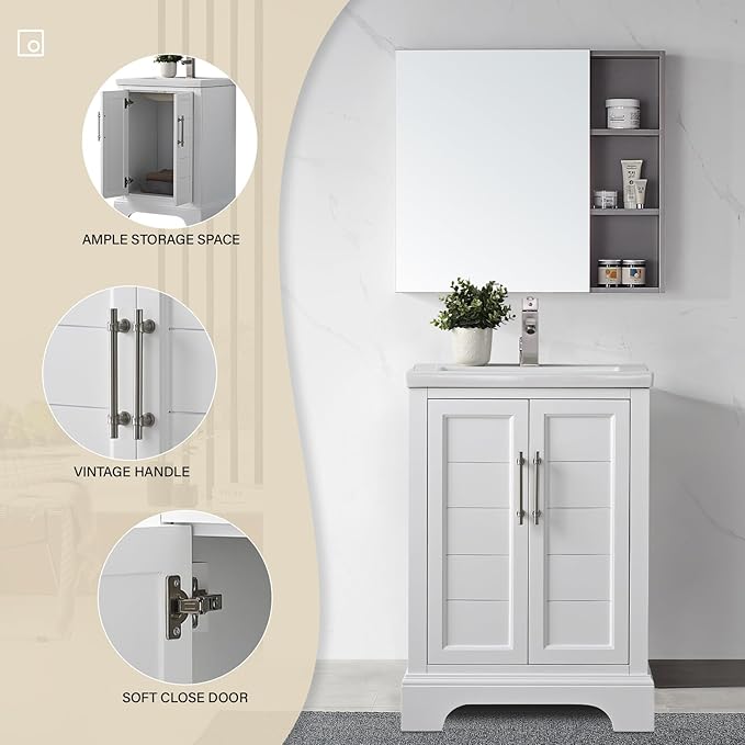 HOMEBEYOND 24 Inch Bathroom Vanity with Single Sink & Ceramic Top, Vanity Cabinet with Center Countertop Basin, Soft-Closing Doors, White