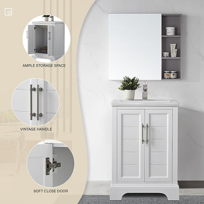 HOMEBEYOND 24 Inch Bathroom Vanity with Single Sink & Ceramic Top, Vanity Cabinet with Center Countertop Basin, Soft-Closing Doors, White
