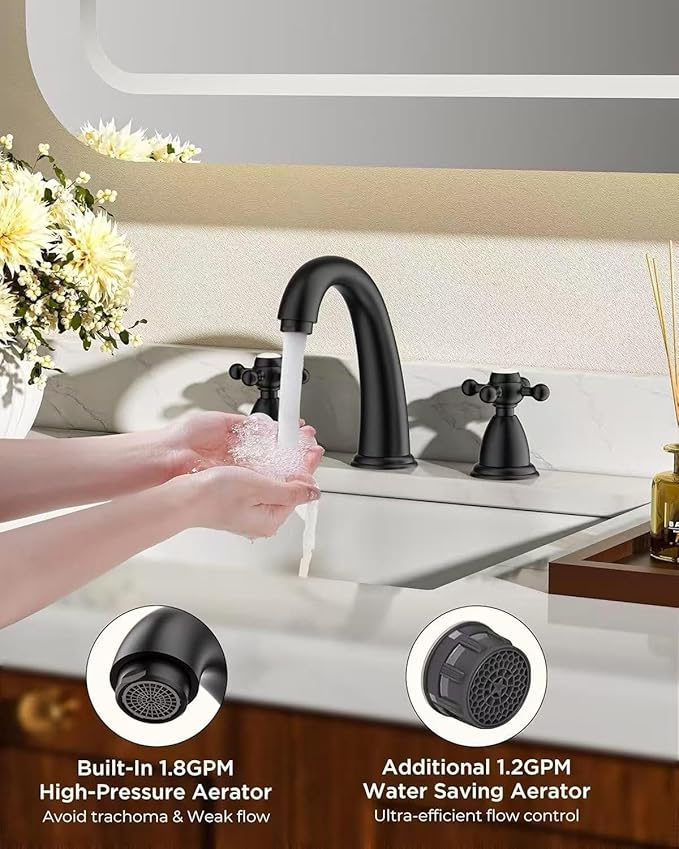 FORIOUS Bathroom Sink Faucet 8 Inch, Matte Black Bathroom Faucet 3 Hole with Pop Up Drain and Water Hose Supply, 2 Crosse Handle Design,for Vanity RV Farmhouse Sink