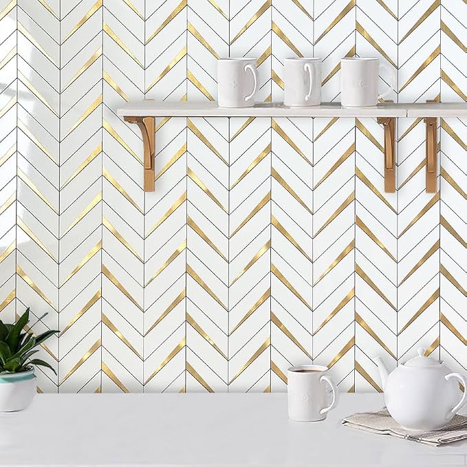 DICOFUN Polished White PVC Mixed Metal Gold Herringbone Tile Peel and Stick Backsplash, Stick on Backsplash for Kitchen and Bathroom Wall