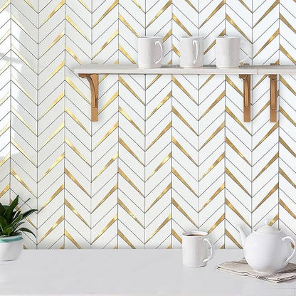 DICOFUN Polished White PVC Mixed Metal Gold Herringbone Tile Peel and Stick Backsplash, Stick on Backsplash for Kitchen and Bathroom Wall