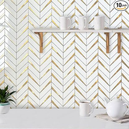 DICOFUN 10-Sheet Herringbone Tile Peel and Stick Backsplash, Polished White PVC Mixed Metal Gold Stick on Backsplash for Kitchen and Bathroom Wall