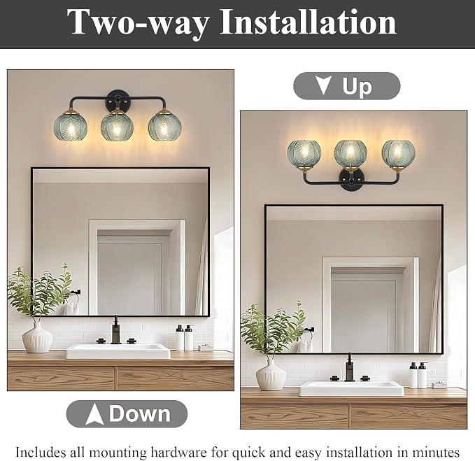 Mecgirn Bathroom Vanity Light Fixtures, 3-Light Green Glass Shade, Modern Black and Gold Wall Sconce, Unique Textured Leaf Pattern, Ceramic E26 Sockets Wall Mounted for Mirror, Cabinet, Hallway