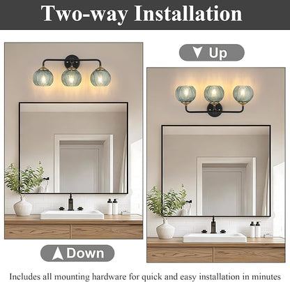 Mecgirn Bathroom Vanity Light Fixtures, 3-Light Green Glass Shade, Modern Black and Gold Wall Sconce, Unique Textured Leaf Pattern, Ceramic E26 Sockets Wall Mounted for Mirror, Cabinet, Hallway