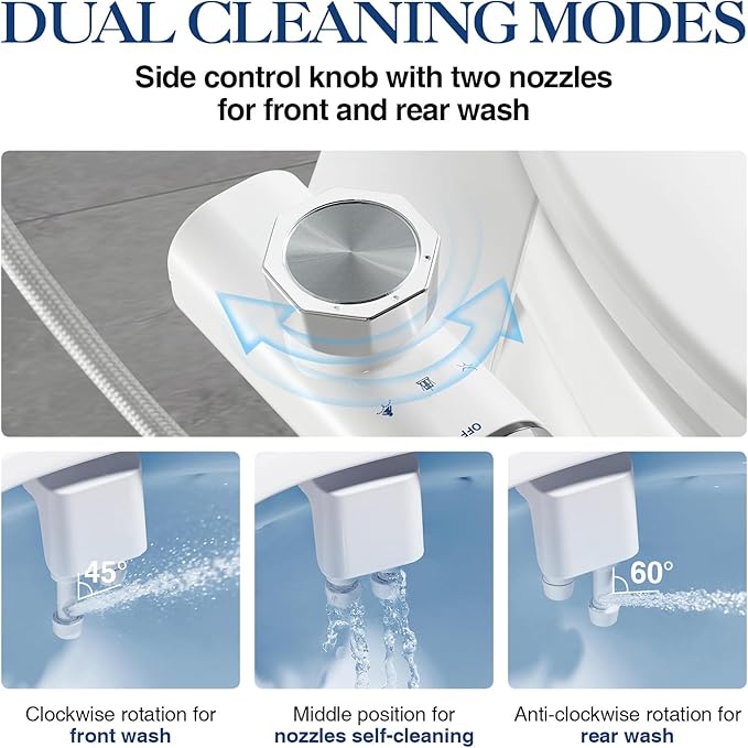 Non-Electric Bidet Attachment for Toilet Seat, Daul Clean Nozzles 3 Modes Adjustable Water Pressure Ultra-Slim Bidet Toilet Seat Attachment with Pressure Controls Feminine/Posterior Wash(TT17N)