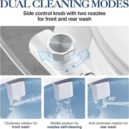 Non-Electric Bidet Attachment for Toilet Seat, Daul Clean Nozzles 3 Modes Adjustable Water Pressure Ultra-Slim Bidet Toilet Seat Attachment with Pressure Controls Feminine/Posterior Wash(TT17N)