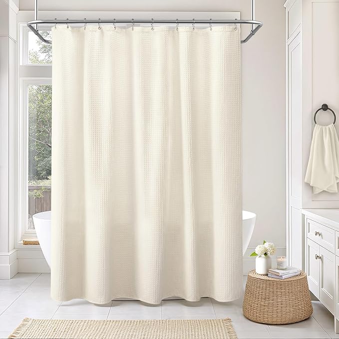 Extra Long Waffle Shower Curtain - Ivory Cotton Texture Fabric Heavyweight Shower Curtains for Bathroom,72Wx90L