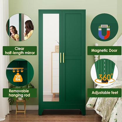 winiowa Metal Armoire Wardrobe Closet with 2 Mirror Doors, 71" Wardrobe Cabinet with Adjustable Shelves and Hanging Rod, Clothing Storage Cabinet Closet with Mirror for Bedroom-Green