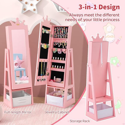 CHARMAID Kids Standing Jewelry Armoire - 45.5'' Pink Jewelry Cabinet with Full Length Mirror, Storage Drawer, Back Shelf and Kids Jewelry Organizer Box Vanity Dressing Mirror for Girls