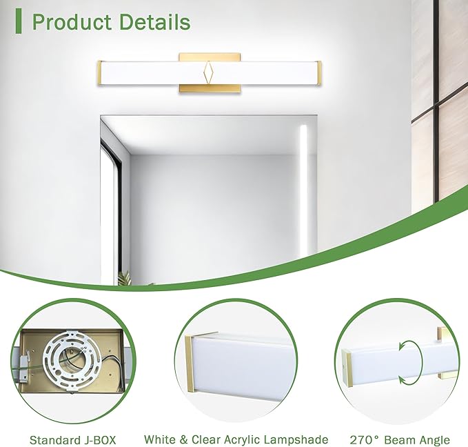 24 Inch Bathroom Vanity Light 2500LM, 5700K Daylight White Modern Bathroom Light Dimmable, AC 120V 25W Gold LED Vanity Lighting Fixtures Wall Sconce ETL Certified, 2Pack