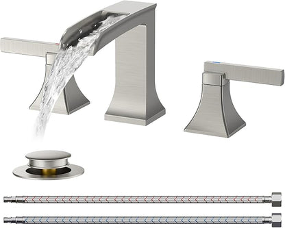 FORIOUS Brushed Nickel 3 hole bathroom faucet, 8" Widespread bathroom sink faucet Waterfall for 4"-16" Sinks, 2 Brass Handle for Vanity with Metal Drain Stopper and CUPC Pre-Installed Hose System