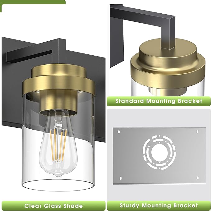 Espird Bathroom Lighting Fixtures, 3-Light Bathroom Vanity Lights Over Mirror, Black and Gold Vanity Light with Glass Shade, Modern Vanity Lighting Fixtures for Bathroom, Bedroom, Hallway