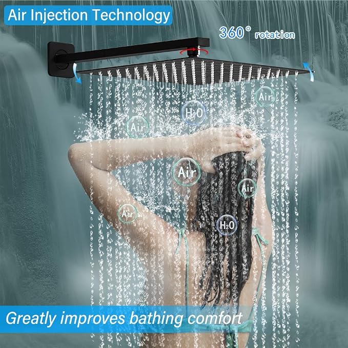 Shower Faucet Set Complete, Wall Mount Shower System for Bathroom 12 Inch High-Pressure Rainfall Shower with Handheld, Rough-in Valve Body and Trim Kit, Matte Black