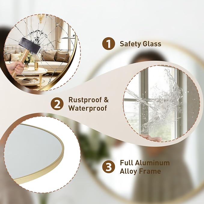 NEWBULIG 28 Inch Round Wall Mirror, Bathroom Mirrors for Over Sink | Metal Framed Circle Vanity Mirror, Wall Decor for Bedroom, Entryway, Anti-Rust, Tempered Glass, Hanging or Leaning, Gold