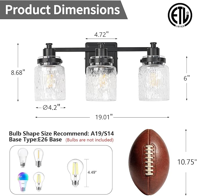 3 Light Bathroom Light Fixtures Farmhouse Black Vanity Lights | ETL Certificate, Easy to Install,Wall Mount Up or Down,Hammered Glass Lampshade,E26 Socket,Hardwired,120V