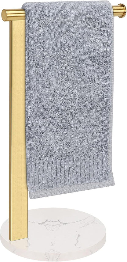 Hand Towel Holder Stand for Bathroom, L- Shaped Standing Hand Towel Rack, Towel Bar Kitchen Vanity Countertop Organizer, SUS304 Stainless Steel Material (Marble Base, Gold)