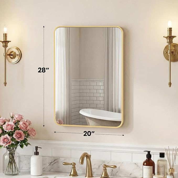 OLIXIS 28x20 Inch Bathroom Wall Mount Mirror with Rounded Rectangle, Gold | Modern Wall Vanity Mirrors for Over Sink with Matte Brush Metal Framed, for Home Decor, Living Room, Bedroom