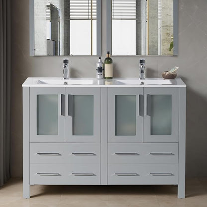 Blossom 48" Double Sink Vanity Solid Wood | Modern Metal Grey Bathroom Vanity with Sink | 18" Narrow Depth Space Saving Design | Soft Close Drawers & Tempered Glass Doors | Master Suite Upgrade