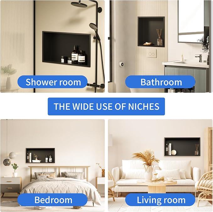304 Stainless Steel Recessed Matte Black Shower Niche 12" X 12" | Wall-Inserted, Waterproof Rustproof Bathroom Shower Niche Insert No Tile Needed, for Shower & Bathroom Storage