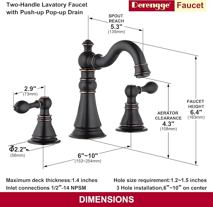 Two Handle Bathroom Sink Faucet Oil Rubbed Bronze 3 Hole Bathroom Faucet with Pop up Drain, 8 Inch Widespread Bathroom Faucet,High Arc Lavatory Faucet,F-8303-ORB