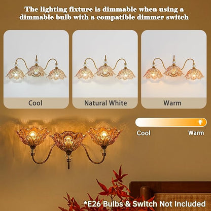 Vintage Bathroom Vanity Light, 3-Light Matte Brass Finish Vanity Light with Flower-Shaped Amber Glass Shades, Retro Wall Sconce for Bathroom, Dressing Table